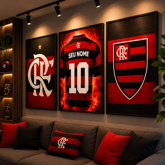 Kit 3 Quadros Flamengo Personalizado com Nome e Número Decorativo