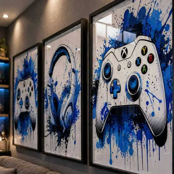 Kit 3 Quadros Gamer Controle e Headset Decorativo Setup Quarto Sala Arte Moderna Colorido