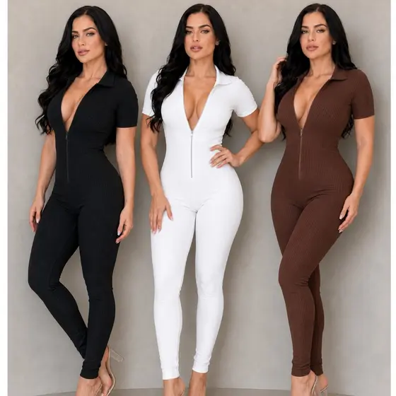 Macacão Feminino Virginia Canelado Premium Manga Curta Ziper Gola Moda Gringa Casual Envio Imediato