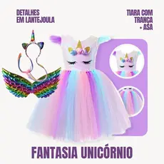 Vestido Infantil Unicórnio e Tiara com Trança e Asas Arco-Íris – Carnaval e Festas