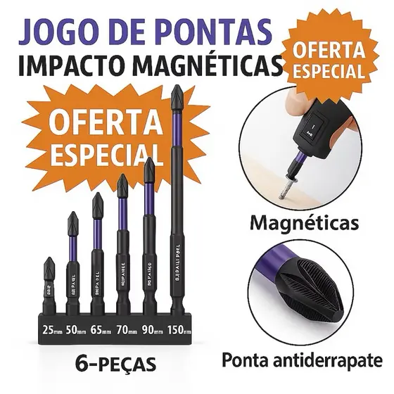 Conjunto Chaves Philips 6 Ponteiras PH2 Ponta Magnético Resistente Impactos Alta Dureza