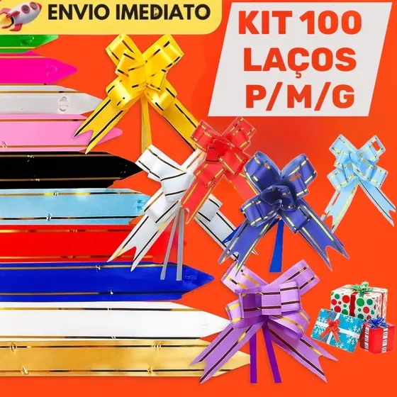 100 Laços Fácil Mágico com Filetes Dourado P/M/G – Presente – Com Cores Variadas