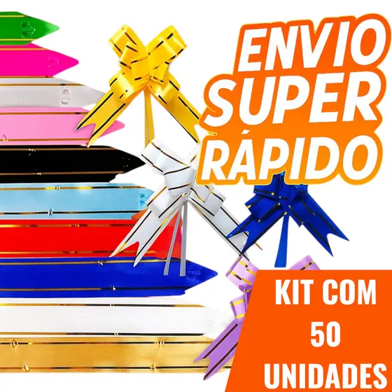 Kit 50 Laços Mágicos Fácil Para Presente Com Filete Dourado P/M/G Com Cores Sortida