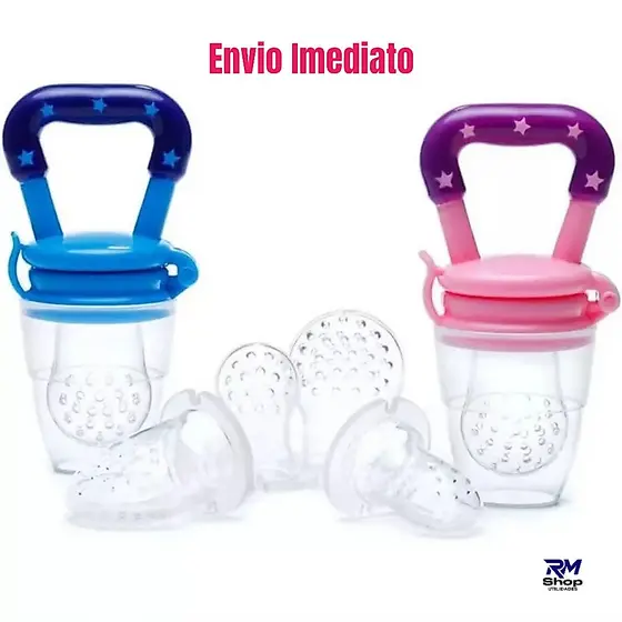 Chupeta Mordedor Alimentadora Bebê De Silicone Com Porta Fruta Azul e Rosa