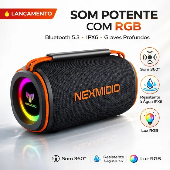 Caixa de Som Bluetooth Portátil  RGB IPX6 à Prova d’Água Som Potente Graves Profundos