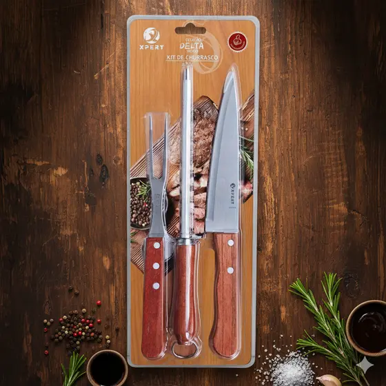 Kit 3 Peças Para Churrasco Com Cabo de Madeira - Aço Inox