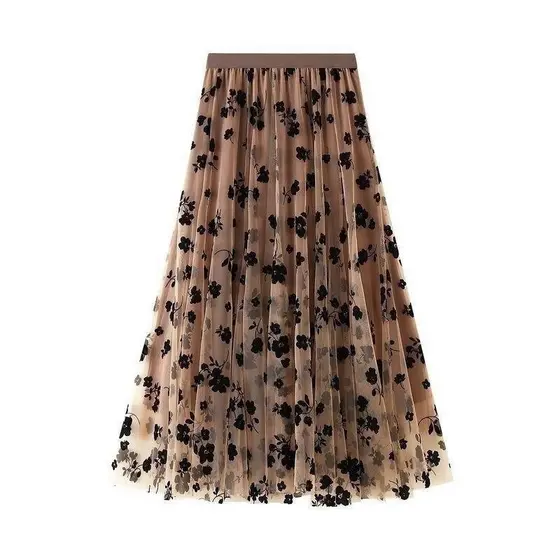 Women's Floral Flocked Mesh Skirt Summer 2026, Mid-length, Versatile, High-waisted, Slimming A-line Full-flare Skirt