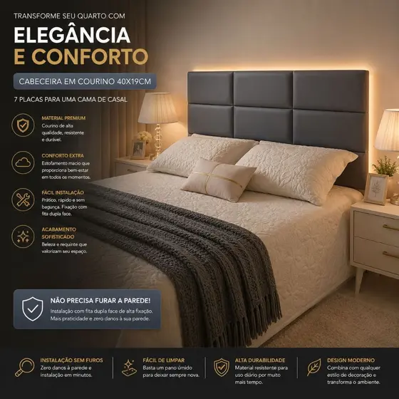 KIT CABECEIRA COURINO RETANGULAR PREMIUM 40X19CM ADESIVA  FITA DUPLA FACE QUARTO CAMA BOX ENVIO FULL