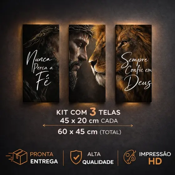Kit 3 Quadros Premium Disciplina Motivacionais Nunca Foi Sorte Sempre Foi Deus Leão Judá Sala Quarto