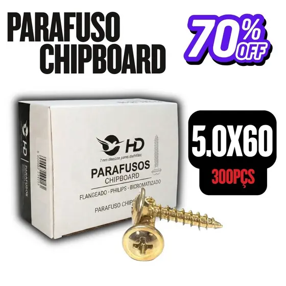 TOP Parafuso 5,0x60 Chipboard Flangeado Phillips para Madeira - HD CAIXA COM 300 peças