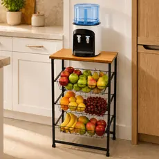 Fruteira De Chão Em Aço Cozinha Suporte Bebedouro MDF Amadeirado 3 Cestos Deslizante