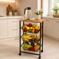 Fruteira De Chão 3 Cestos Deslizantes Com Rodinha Em Aço Preto Mdf Amadeirado