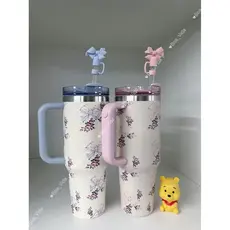 Novo Copo De Aço Inoxidável Com Alça Tampa Palha Rosa azul Arco 1200ml Copos Vácuo Isolado Caneca Presente Aniversário