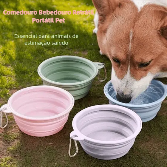 Comedouro Bebedouro Retrátil Silicone para Passeio de Cachorro Cães Gatos Pet com Mosquetão Prático