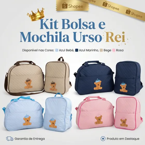 Kit Bolsa E Mochila para Bebê Saida Maternidade Urso Bordada