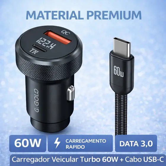 Carregador Turbo 60W USB + Cabo Tipo-C para Carro, Carregamento Rápido para Celular