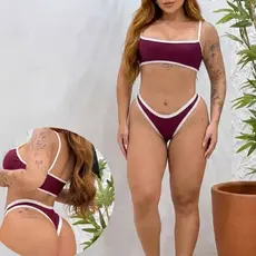 Biquíni Feminino Asa Delta retro Bicolor Top faixa Alças fixas  moda gringa verão praia tendências 2026 Praia Premium