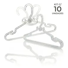 Kit 10 Cabides Acrílico Transparente Cristal Grosso Adulto Gancho Giratório Resistente