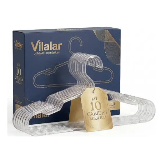 Kit 10 Cabide de Roupa Acrílico Transparente 43cm Grande Grosso Premium Cavas Antideslizantes
