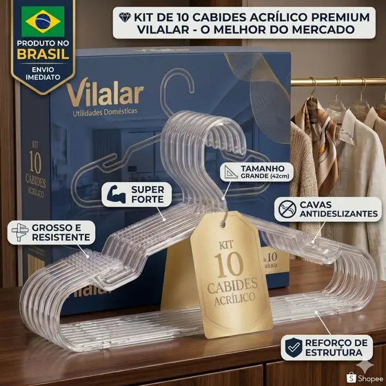 Kit 10 Cabide Grandes De Acrílico Transparente Grosso Adulto com Cavas Antideslizantes