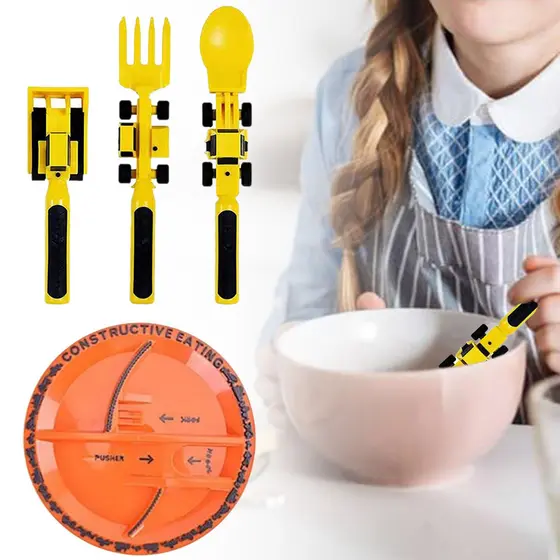 Conjunto de talheres criativos para carro infantil, prato de jantar, colher, escavadeira, pá, garfo, utensílios de mesa-