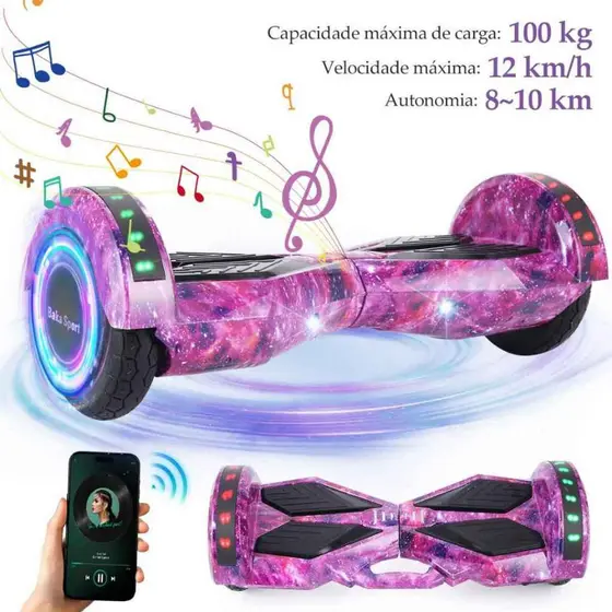 Hoverboard Baka Sport Skate Elétrico 12km/h 8.0 Bluetooth Som Led Roxo