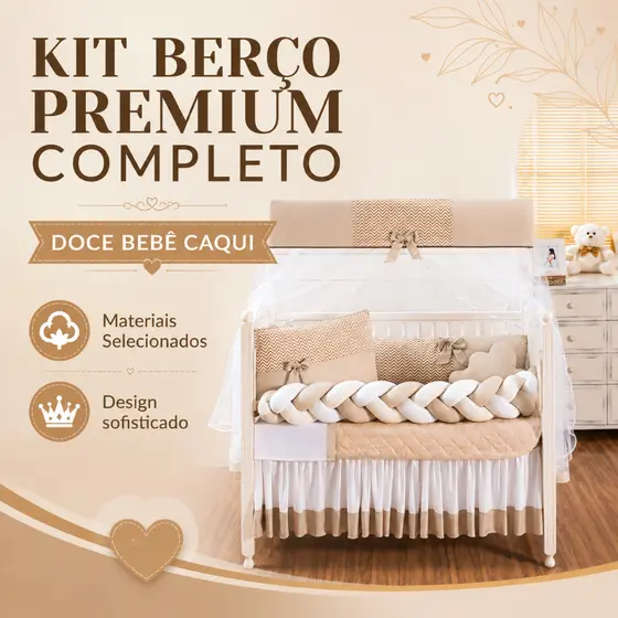 Kit Berço Premium Doce de Bebê Caqui Completo 11 Peças | Padrão Americano/Nacional | Menino/Menina