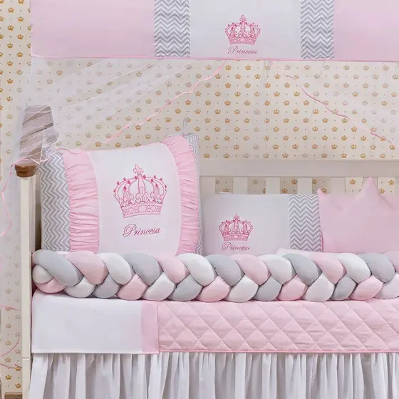 Kit Berco Coroa Tranca 11 Pcs Menina Princesa Rosa Bebe Chevron Protetor Americano Mosquiteiro