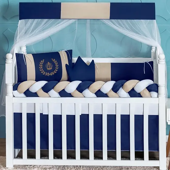 Kit Berço Completo 7 Peças Slim Coroa Realeza Marinho | Enxoval Menino Padrão Americano Premium