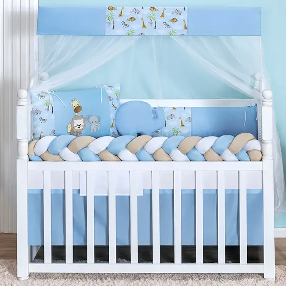 Kit Berço Slim Safari Azul Bebê Menino 11 Pcs com Saia