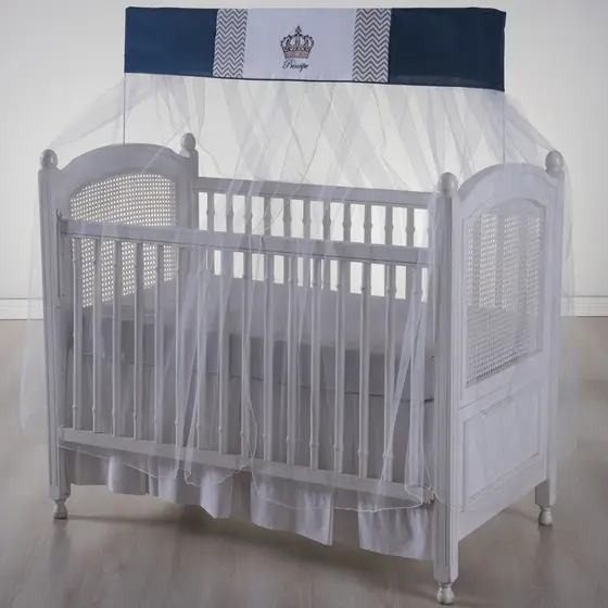 Mosquiteiro de Tule para Berço com Bando Estampado Coroa Azul Marinho Menino