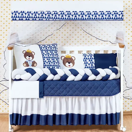 Kit Berço Urso Rei Azul Marinho Menino Trança 11 Peças com Saia
