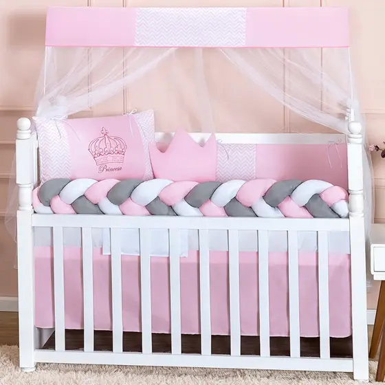 Kit Berço Slim Coroa Rosa Menina 11 Pcs com Saia