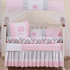 Kit Berço Americano 11 Peças Coroa Rosa Luxo | Protetor Trança Premium Menina Princesa Realeza