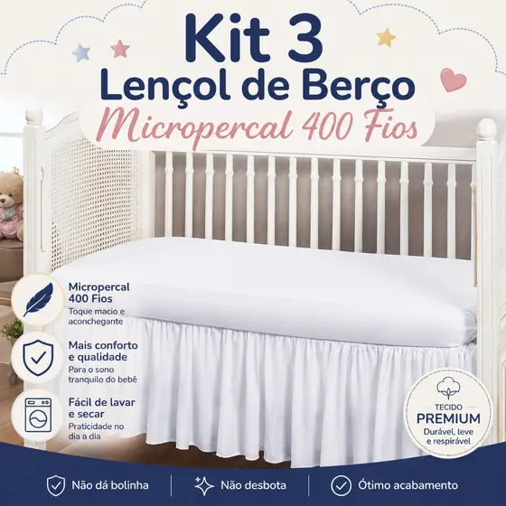 Kit 3 Lençol de Berço Micropercal 400 Fios | Padrão Americano | Lençol de Baixo com Elástico