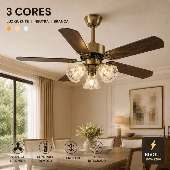 GOGEOUS Ventilador de Teto Estilo Nórdico com Luz 52/48/42 Polegadas  Controle Remoto DC - Ventilador 110V-220V