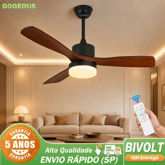 110V-220V Ventilador de Teto com Luz 42/48/52 Polegadas - Luz Tripla, 3 Pás, Motor DC Estilo Nórdico, Controle Remoto