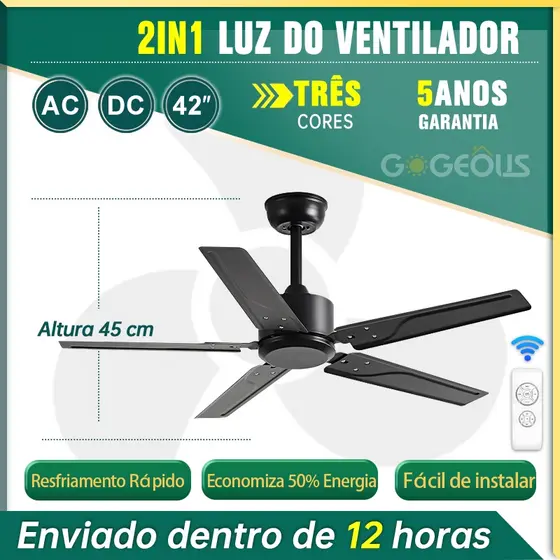 GOGEOUS Ventilador de Teto sem Luz 42/52 Polegadas - Vento Forte e Silencioso com Controle Remoto para Sala de Estar