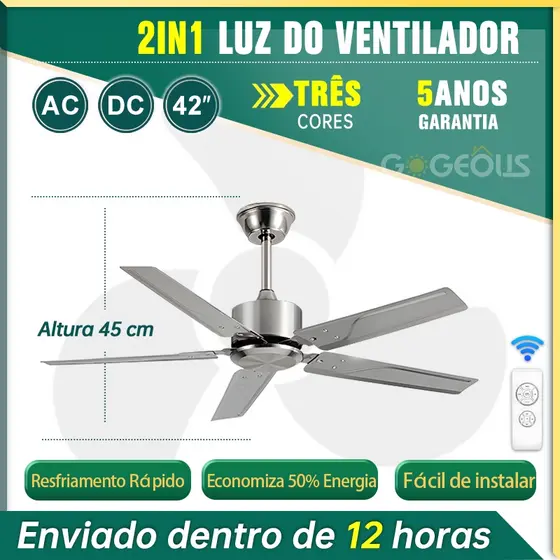 Ventilador de Teto sem Luz 42/52 Polegadas - Vento Forte e Silencioso com Controle Remoto para Sala de Estar 110V-220V