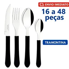 Jogo Talheres Faqueiro Tramontina Leme Aço Inox Cabo Polipropileno Preto 16, 24, 32, 40 ou 48 Peças