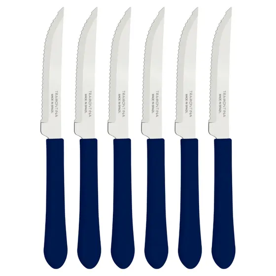 Kit 6, 9, 12 ou 24 Facas Tramontina Leme Para Churrasco Cabo Azul Serra