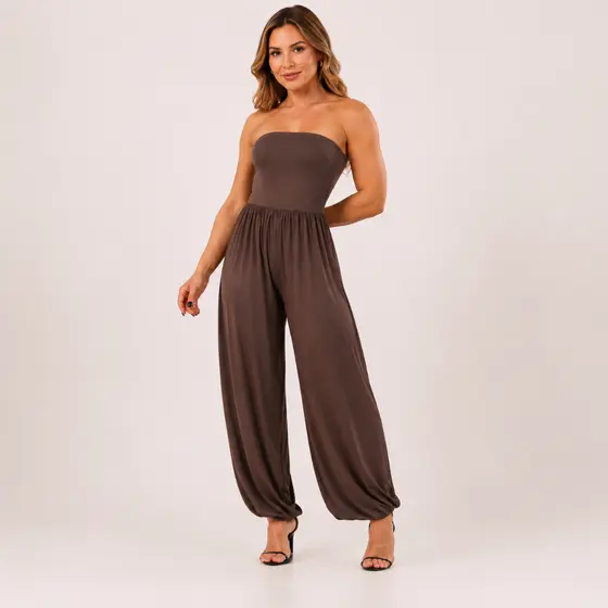 Macacão Longo Tomara Que Caia Feminino Pantalona Elegante Casual no Suplex