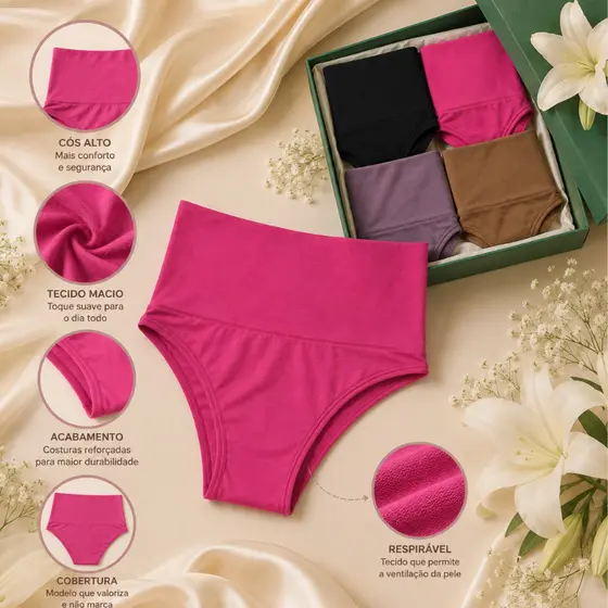 Kit 2/4/6 Calcinha Cinta Modeladora Cós Alto 11Cm Conforto Empina Bumbum Não Marca Comprime A Barriga
