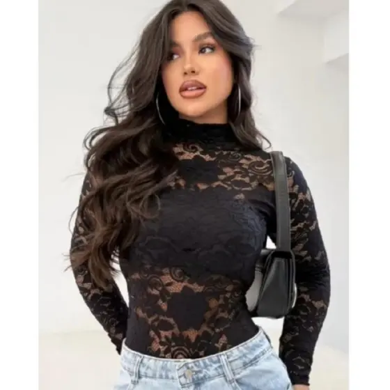Body Feminino Renda Transparente Manga Longa