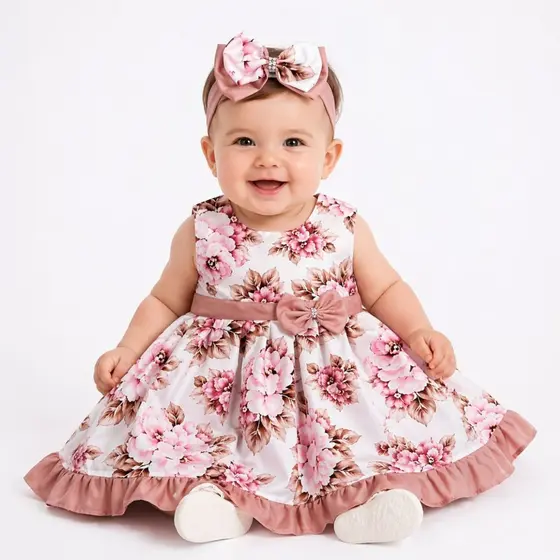 Vestido Infantil Bebê Menina Ariele Com Tiara P ao 3 Anos Roupa 100% Algodão Infantil