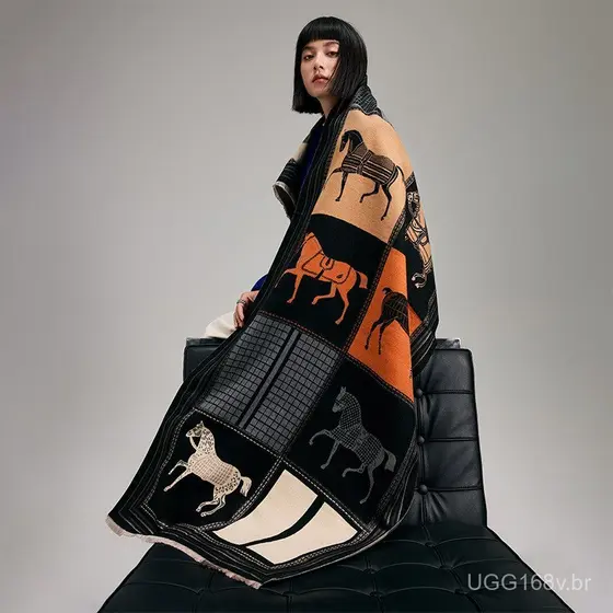 Cachecol feminino elegante e estiloso de imitação de caxemira, com estampa de cavalo e blocos de cor em tons de outono e