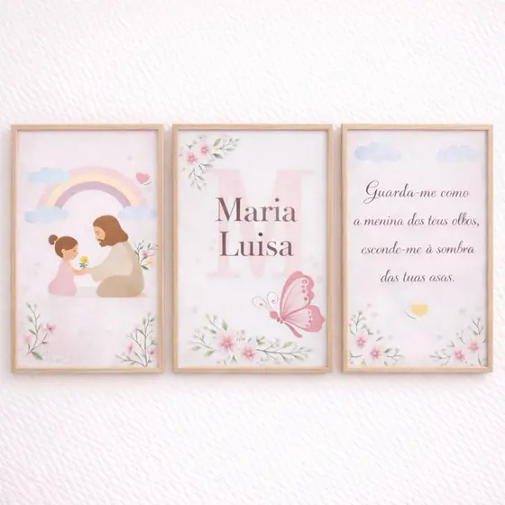 Kit 3 Quadros Infantil Religioso Jesus com Criança Personalizado Nome e Inicial