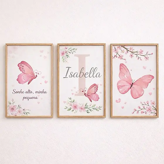 Kit 3 Quadros Decorativos Borboleta Infantil Personalizado Nome em MDF
