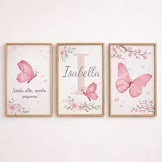 Kit 3 Quadros Decorativos Borboleta Infantil Personalizado Nome em MDF
