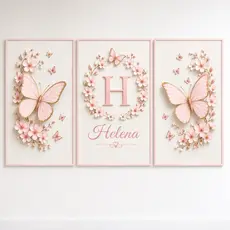 Kit 3 Quadros Decorativos Infantil Borboletas Floral Personalizado com Nome